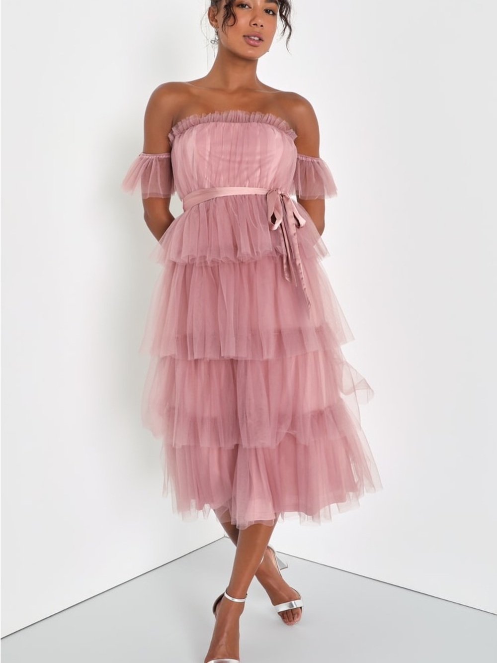 Lulu's Charismatic Presence Mauve Tulle Off-the-Shoulder Midi Dress